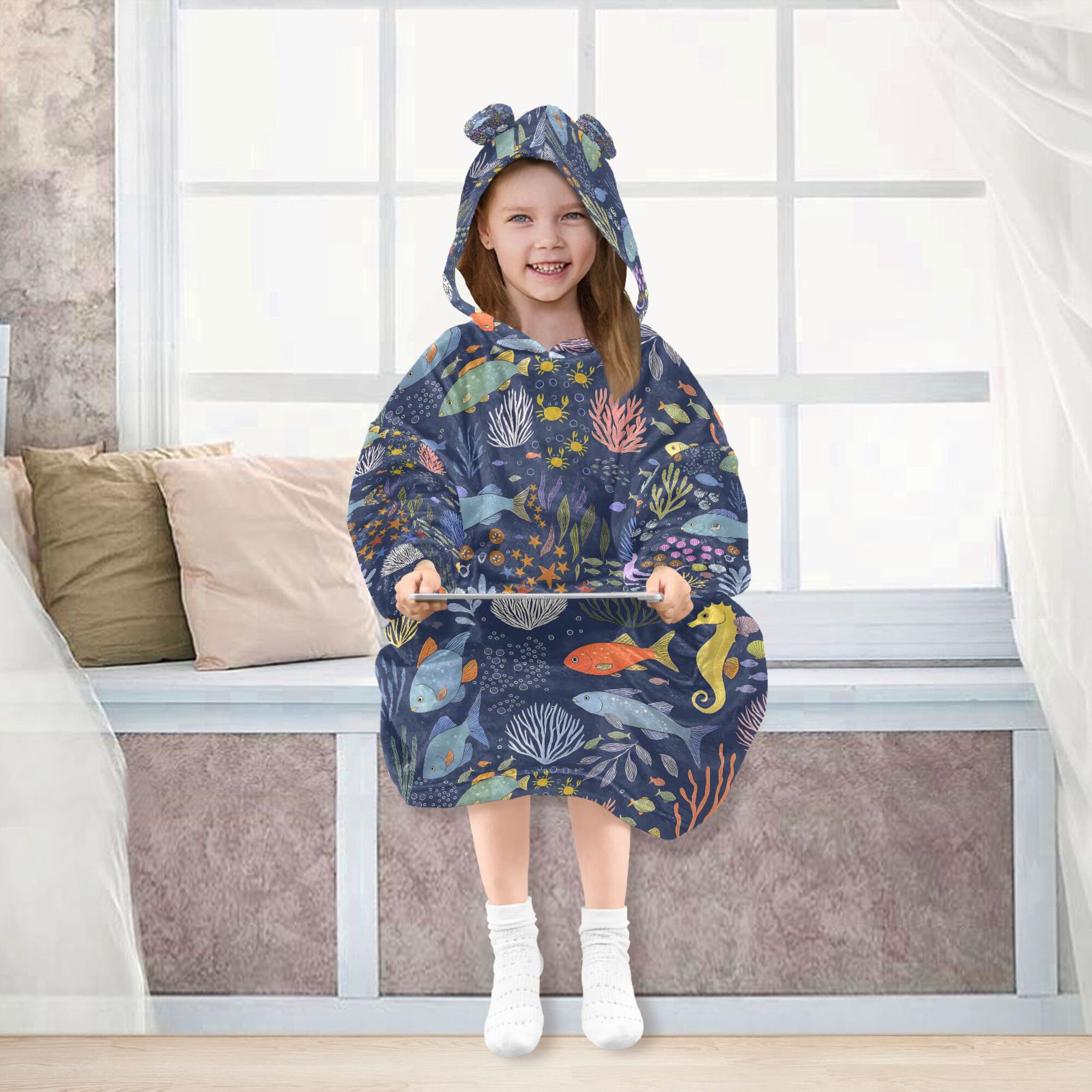 FORMRS Wearable Blanket Hoodie with Sleeves for Kids Cozy Flannel Sweatshirt, Cartoon Ocean Pattern