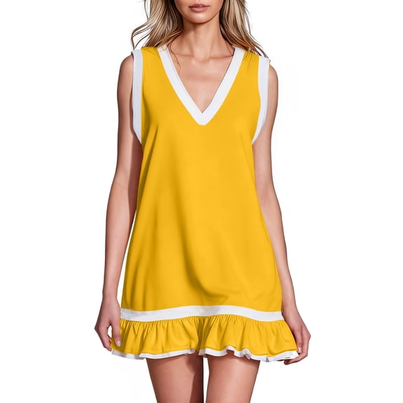 HAiming Women's Mini Dresses V Neck Ruffle Sleeveless Solid Color Classic Sundress Summer Beach Vacation Workout Sport Dresses