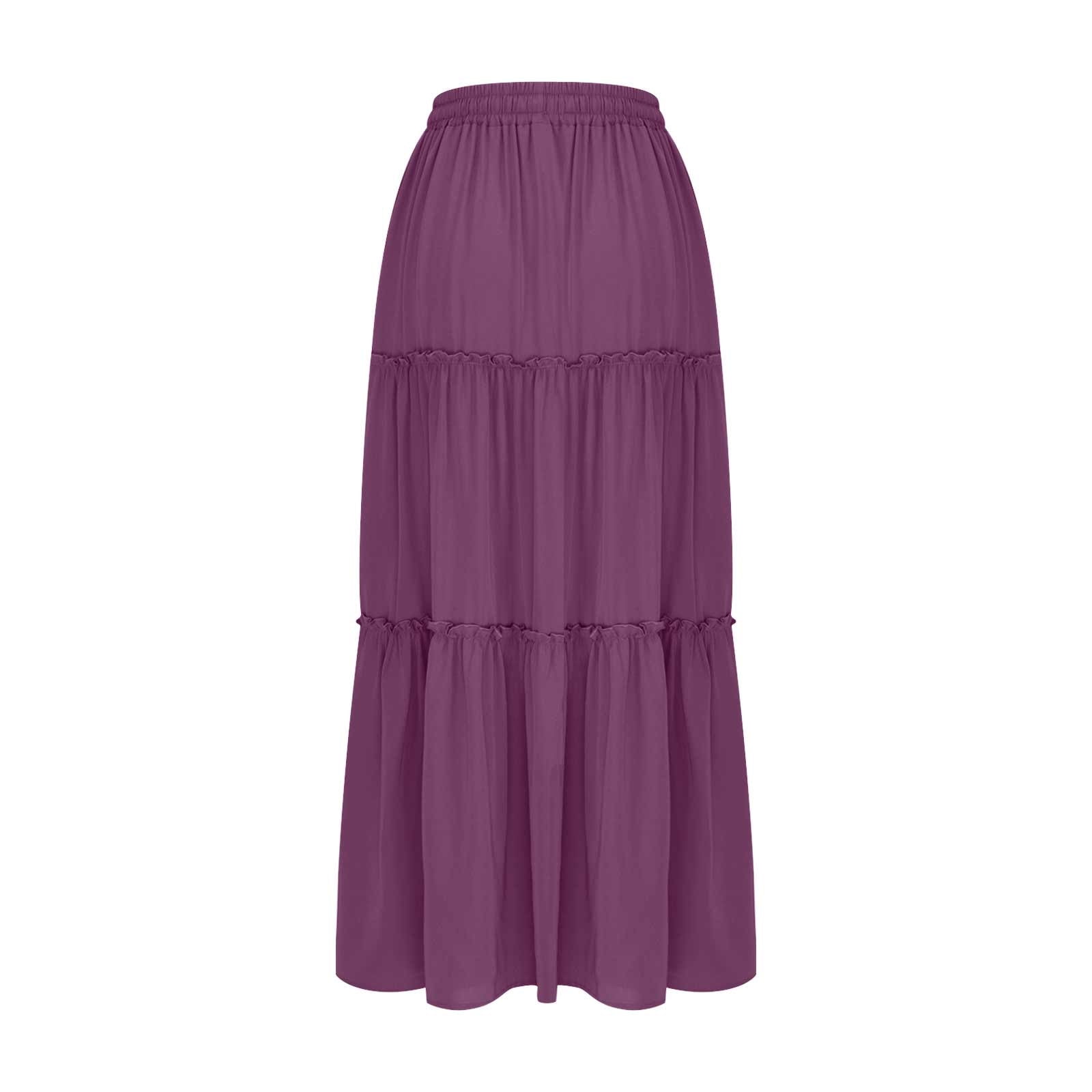 Womens Solid Boho Tiered Skirt Elastic Drawstring High Waist