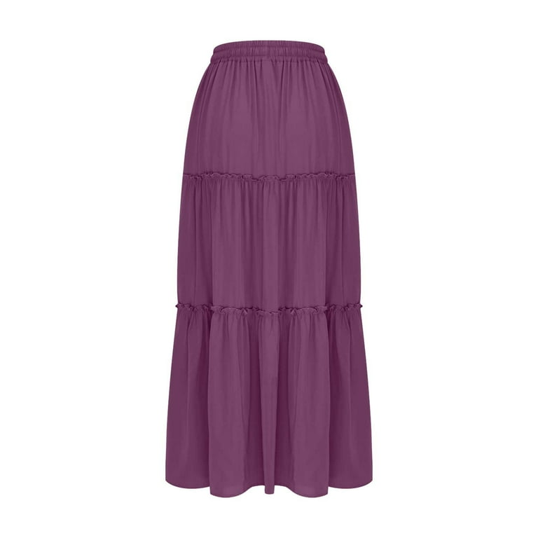Womens Solid Boho Tiered Skirt Elastic Drawstring High Waist