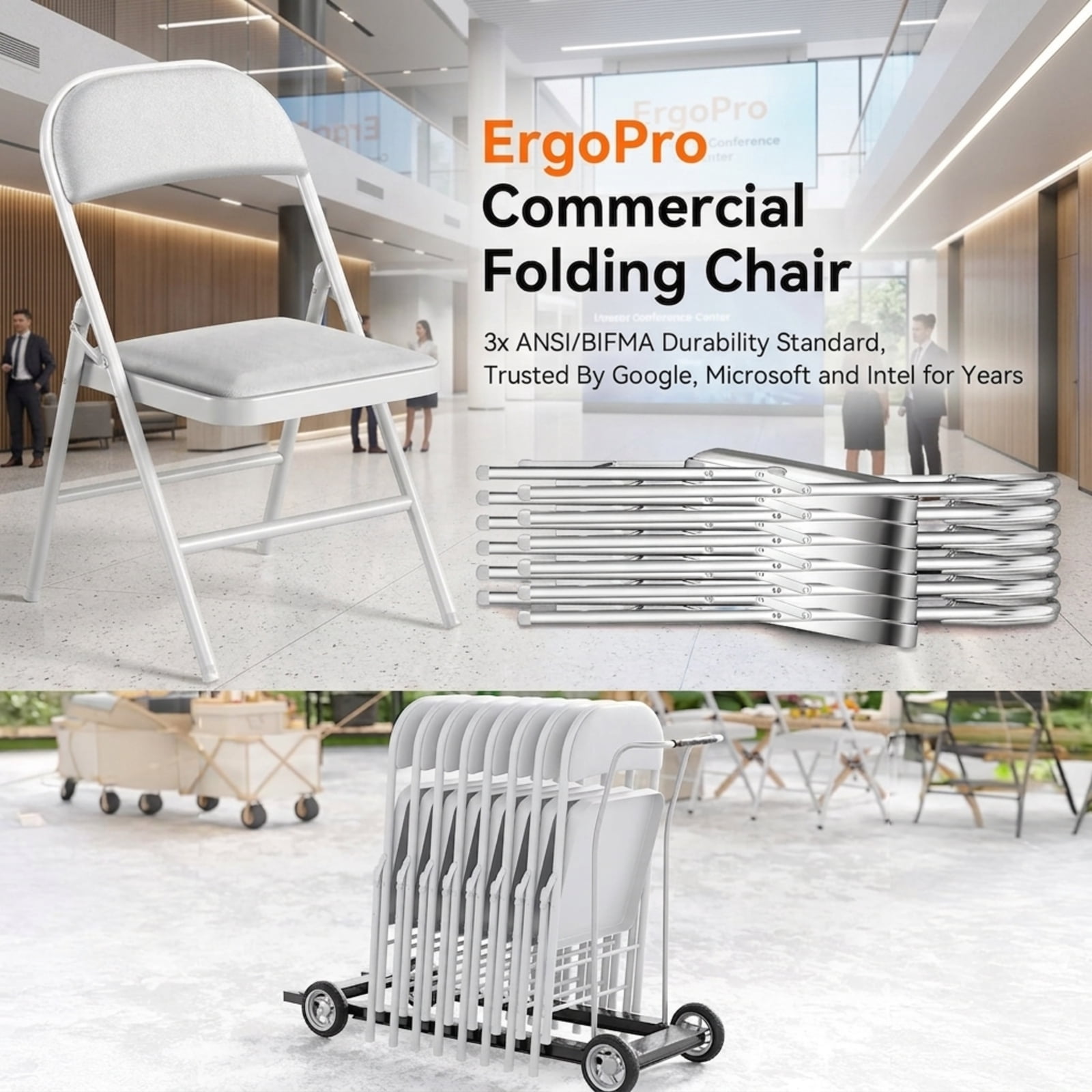 Fenbeli White Padded Folding Chair, Faux Leather Seat with Sturdy Steel Frame, Portable Event Chair for Weddings Dining Rooms Offices and Parties