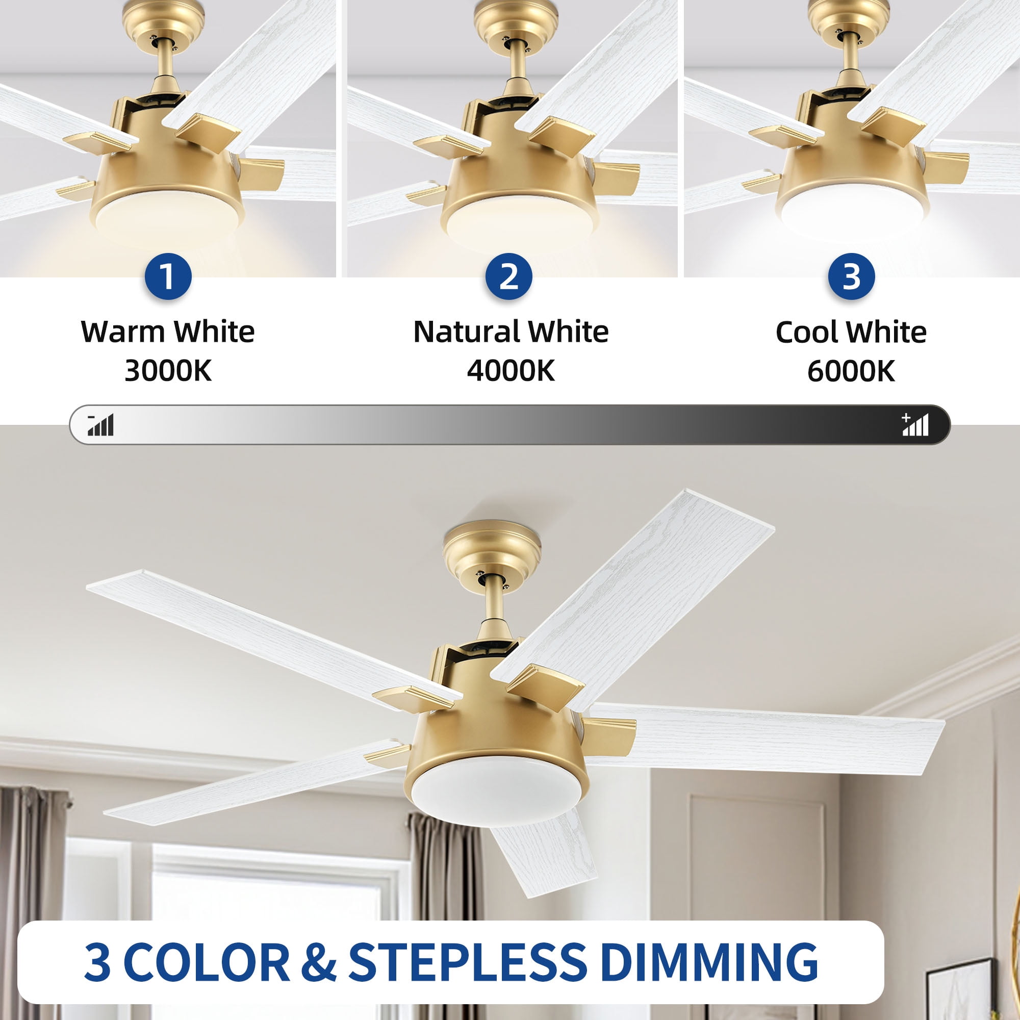 DEXTRUS 52in Farmhouse Ceiling Fans with Light and Remote with 5 Blades, 6 Speed - White