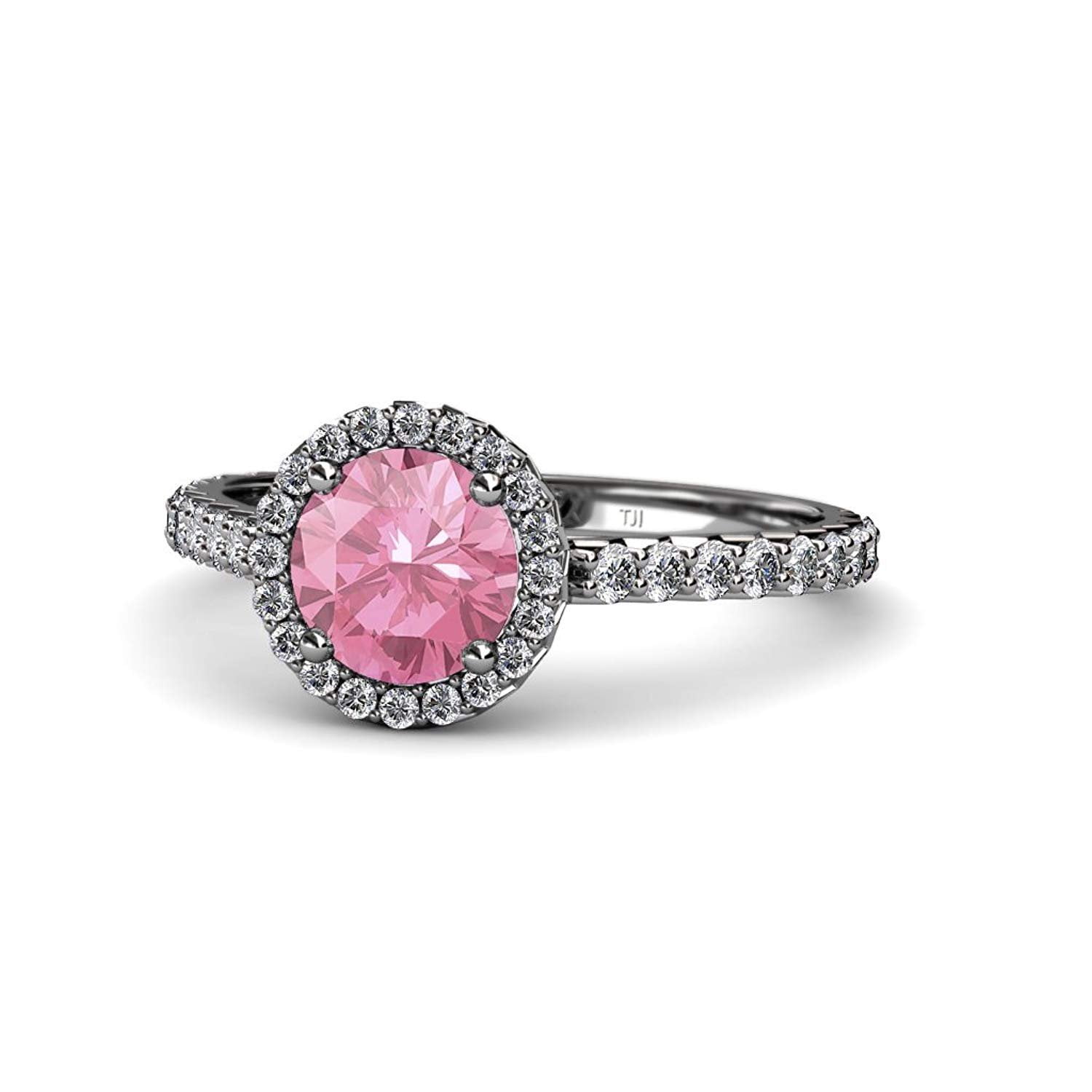 Pink Tourmaline and Diamond (SI2-I1, G-H) Halo Engagement Ring 1.38 ct tw in 14K White Gold.size 6.0 by TriJewels