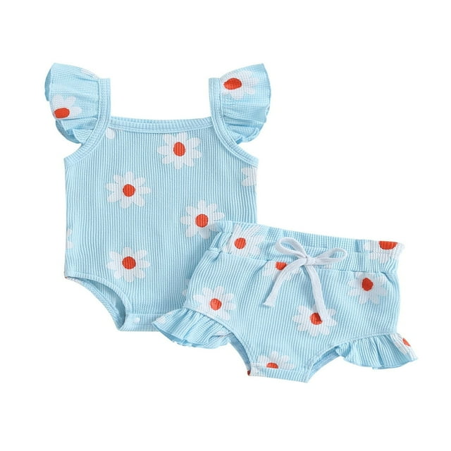 Ensemble de Combinaison d'Été pour Bébé Fille Imprimé Floral Manches Volantes Combishort Décontracté à Volants