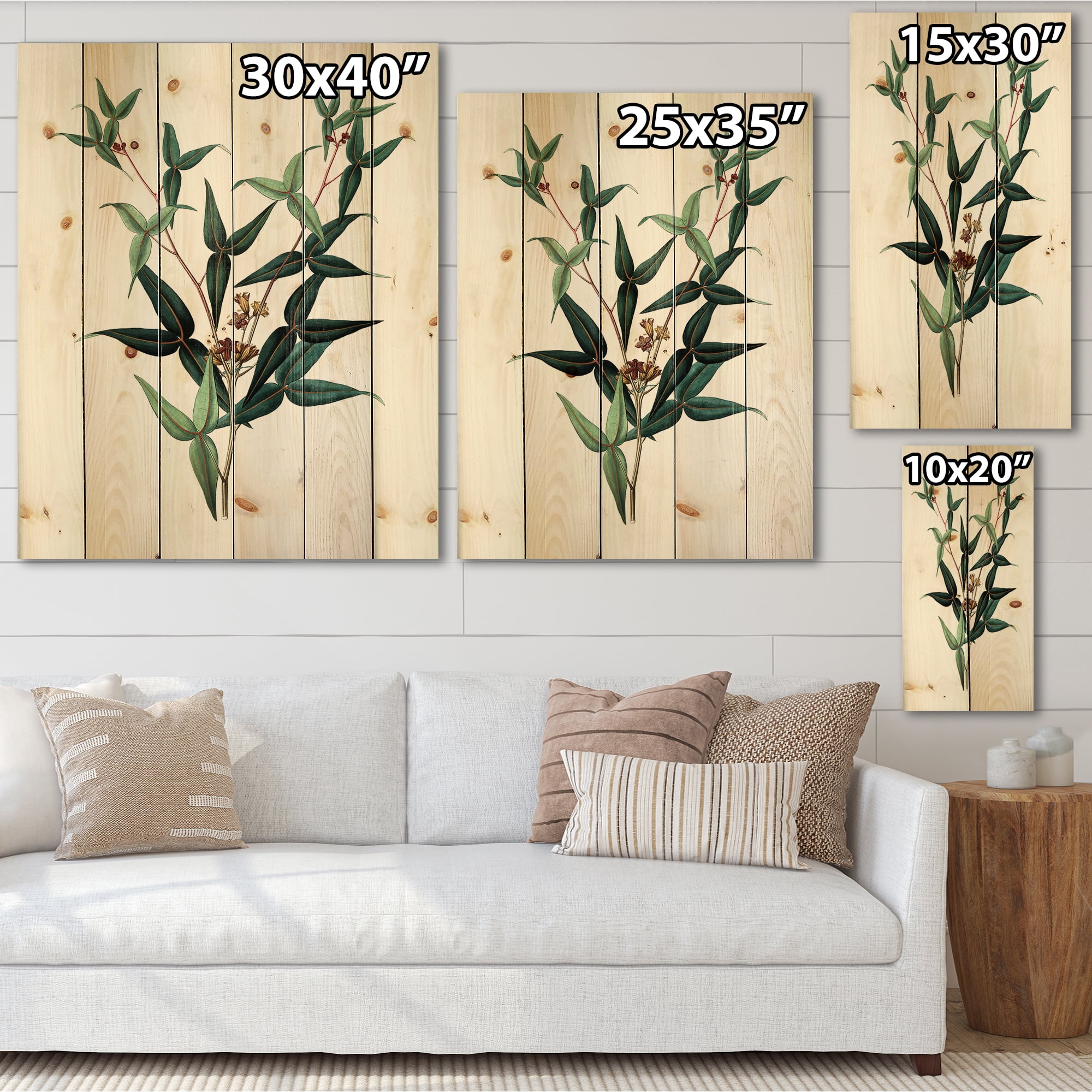 Designart 'Ancient Green Leaves Plants VIII' Traditional Print on Natural Pine Wood