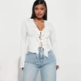 thumbnail image 3 of AURA Womens Plus Size Sexy V Neck Tie Front Cropped Knit Cardigan Top Long Sleeve Solid White 1XL 3XL, 3 of 5