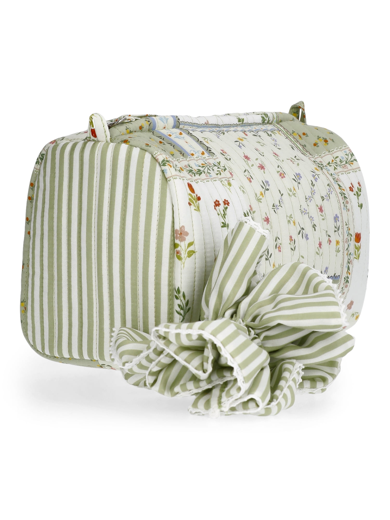 No Boundaries Women's Quilted Pouch and Hair Scrunchie Set, 2-Piece, Green Patchwork Floral/Stripe