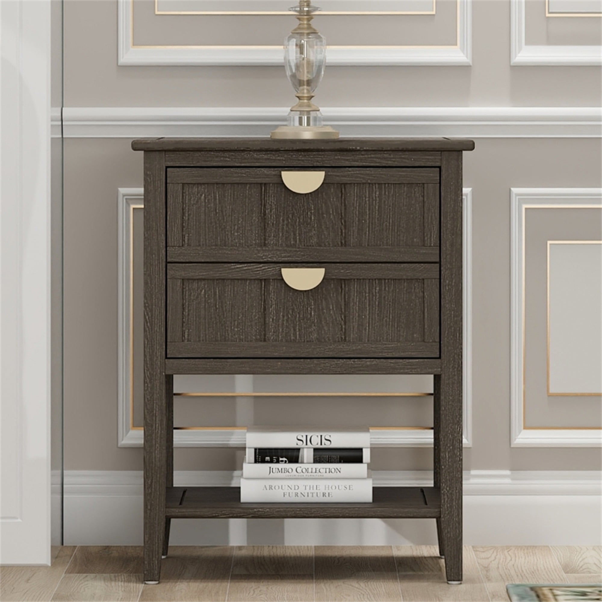 Resenkos Farmhouse Nightstand for Bedroom with 2 Drawers, Metal Handle Storage Bedside End Table, Olive Green Finish