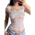 thumbnail image 4 of Women Y2K Lace Patchwork T Shirt Vintage Short Sleeve Square Neck Crop Top E Girl 90s Slim Fit Goth Fairy Tee Streetwear, 4 of 7