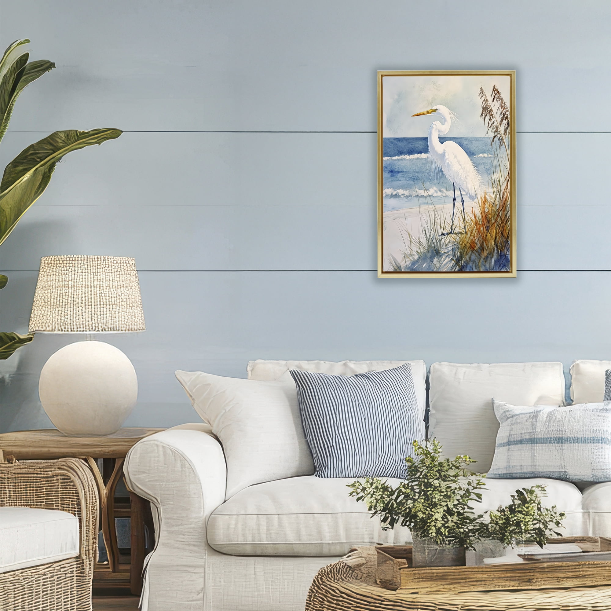 Stupell Industries Egret By The Waves Gold Framed Floater Canvas Wall Art, design by Petal Prints Design