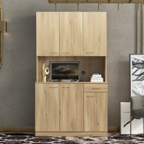 Bellemave Freestanding Kitchen Pantry Cabinet, Cupboard with 6 Doors, 1 Open Shelf and 1 Drawer, Buffet Sideboard with 2 Cable Holes, Tall Wardrobe for Bedroom（Oak）