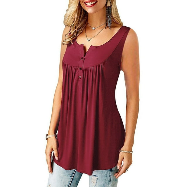 JustVH Blouse Décontractée Unie Henley Col en V pour Femmes Tunique Plissée à Boutons