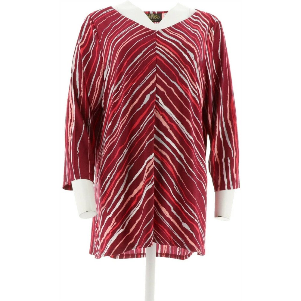 Bob Mackie - Bob Mackie PainterlyStripe V-Neck Top Hi-Low Hem Women's