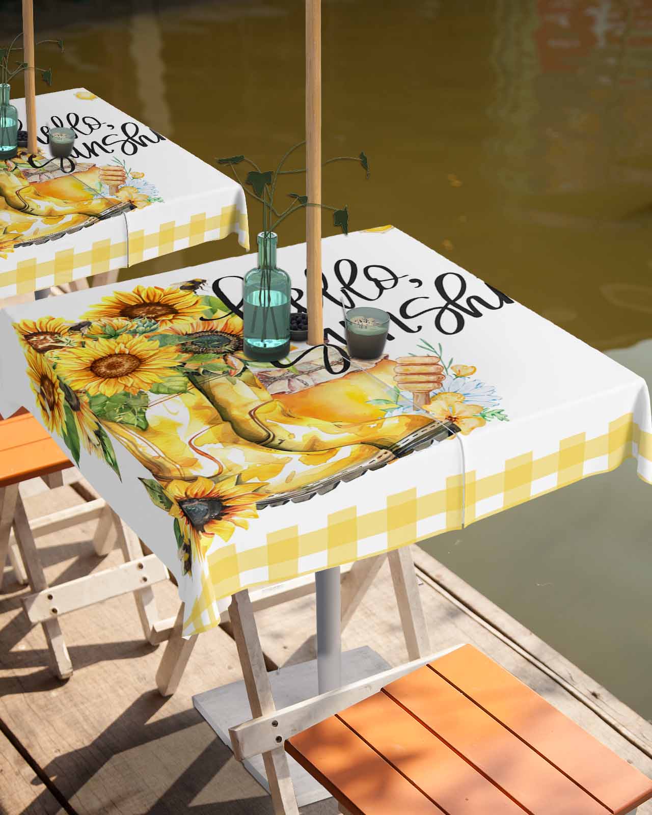 Sunflower Bee Outdoor Tablecloth With Umbrella Hole And Zipper 