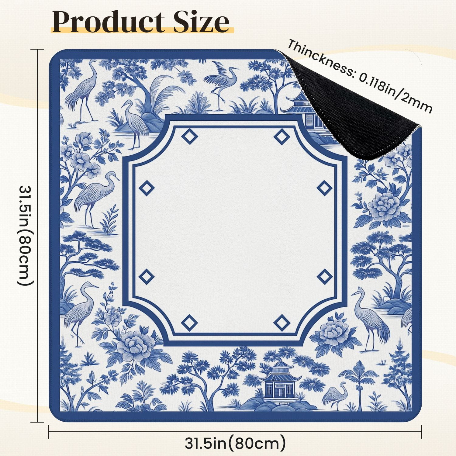 Mahjong Mat 31.5" x 31.5" Blue White Floral Crane Oriental Pavilion Anti-Slip and Noise Reduction Symmetry Design Mahjong Tiles Table Cover for Dominoes Poker Card Board and Tile Games
