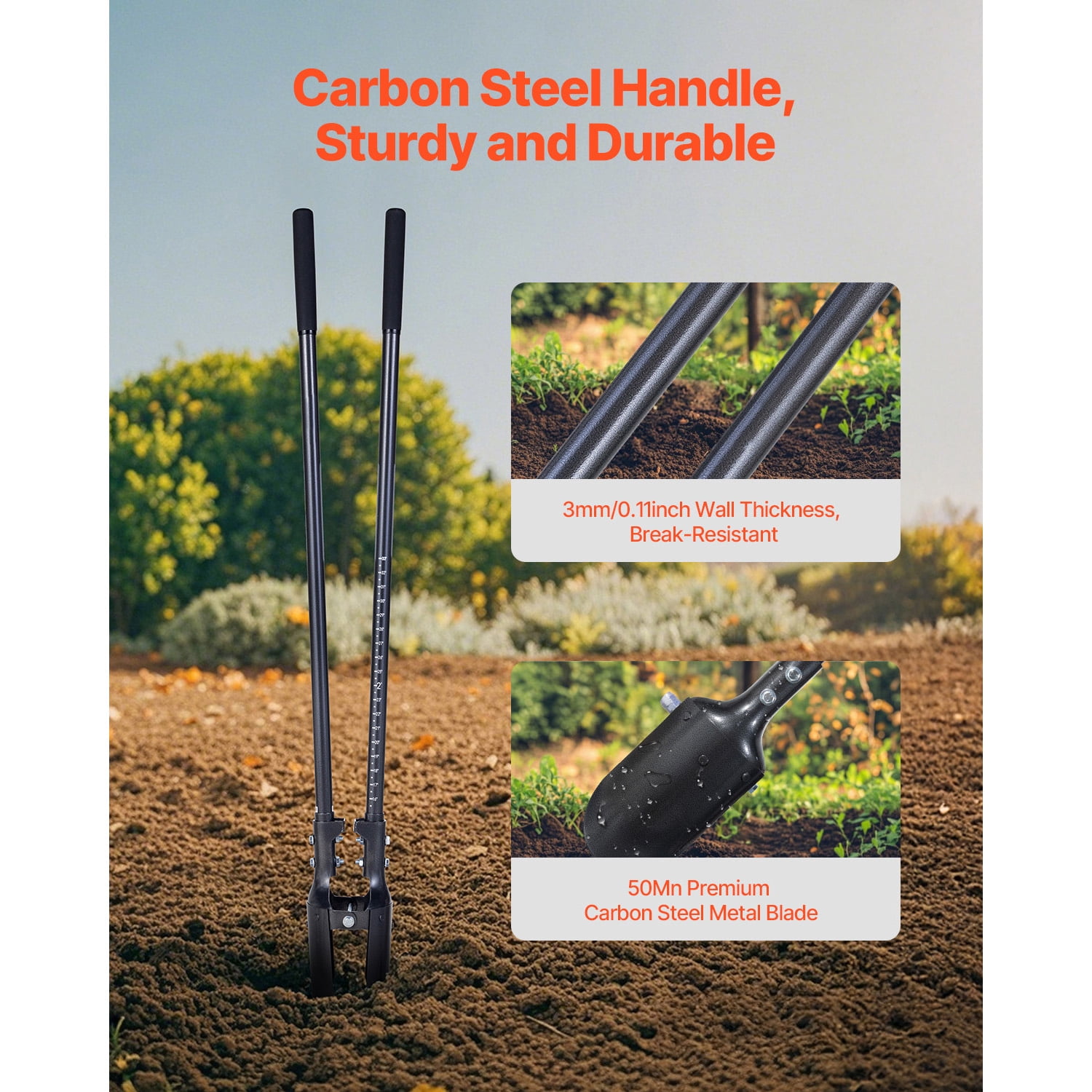 KFFKFF Ground Borer, Robust Ground Borer with Carbon Steel Grip, Handheld Excavator with Measurement Indicators and Metallic Edge, Ground Borer Instrument for Outdoor Horticulture, 57.5-Inch