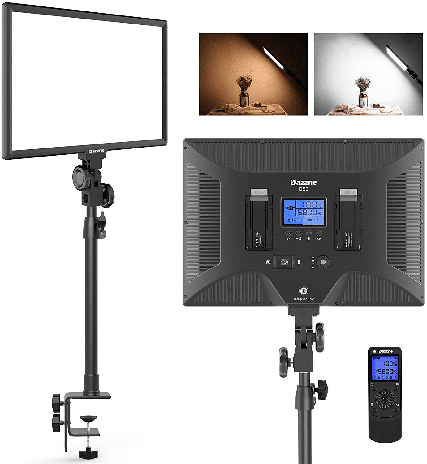 Dazzne D50 Desk Mount Video Light with C-Clamp 15.4 Inches 45W 3000K-8000K 3600LM Dimmable 0-100% for Video Conference Tiktok Live/Game Streaming LED Studio Photography Light with Wireless Remote