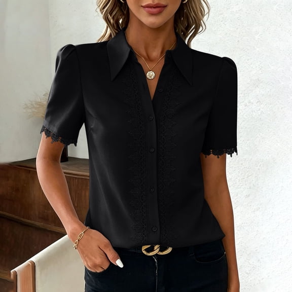 ClodeEU Women's Collared V Neck Short Sleeve Button Shirt with Lace Trim,Casual Fitted Work Shirt for Office Black,Women's Plus L