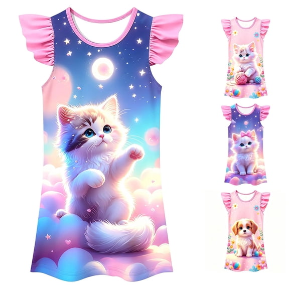 WhouRiu Girls Summer Cartoon Graphic Dresses Sleeveless Flutter Sleeve Crew Neck Dress Kids Comfortable Cute Casual Party Nightgown,8-9 Years