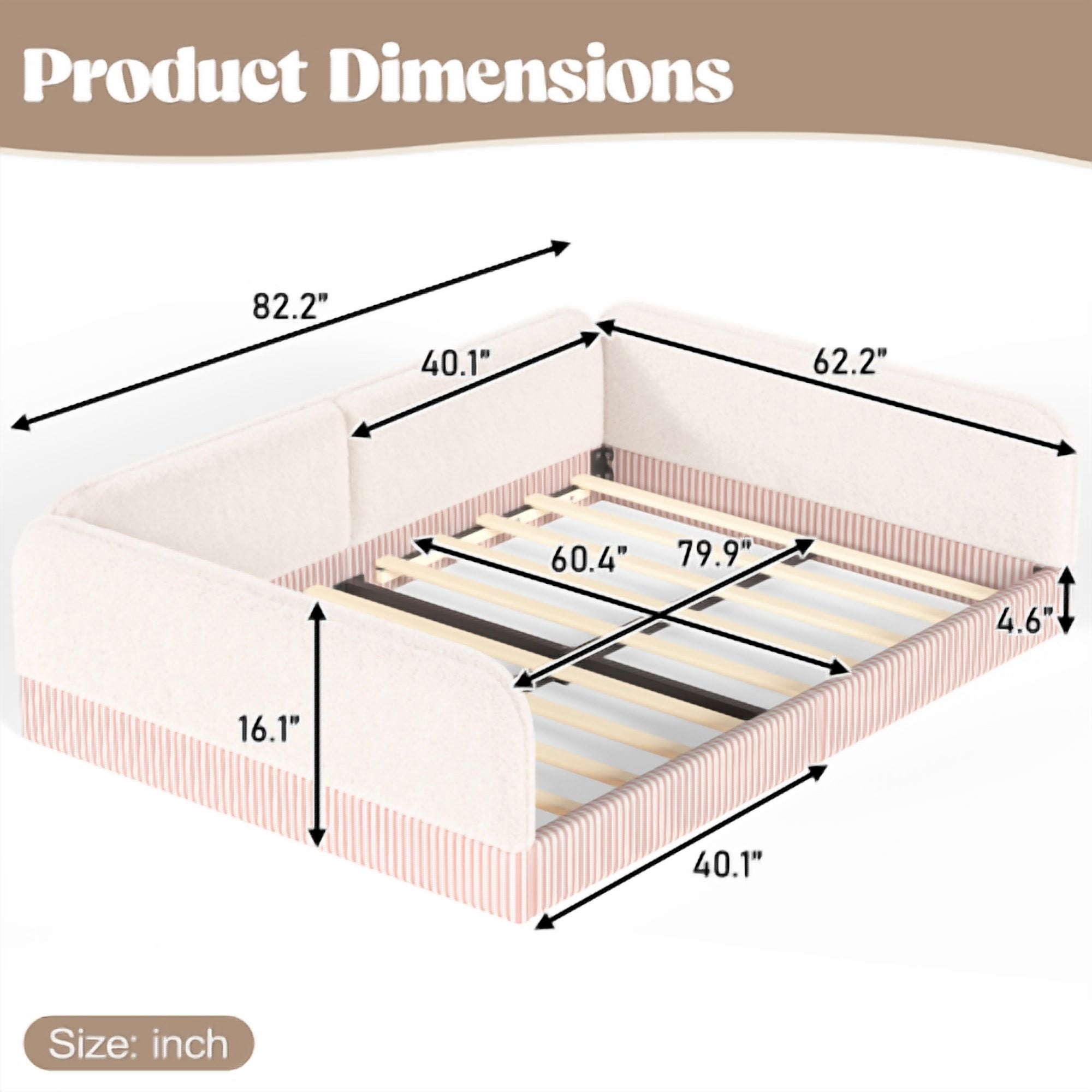 Queen Size Upholstered Teddy Fleece Floor Bed Frame, Half-Enclosed Montessori Low Profile Platform Bed with Full-Perimeter Guardrails for Kids, Beige