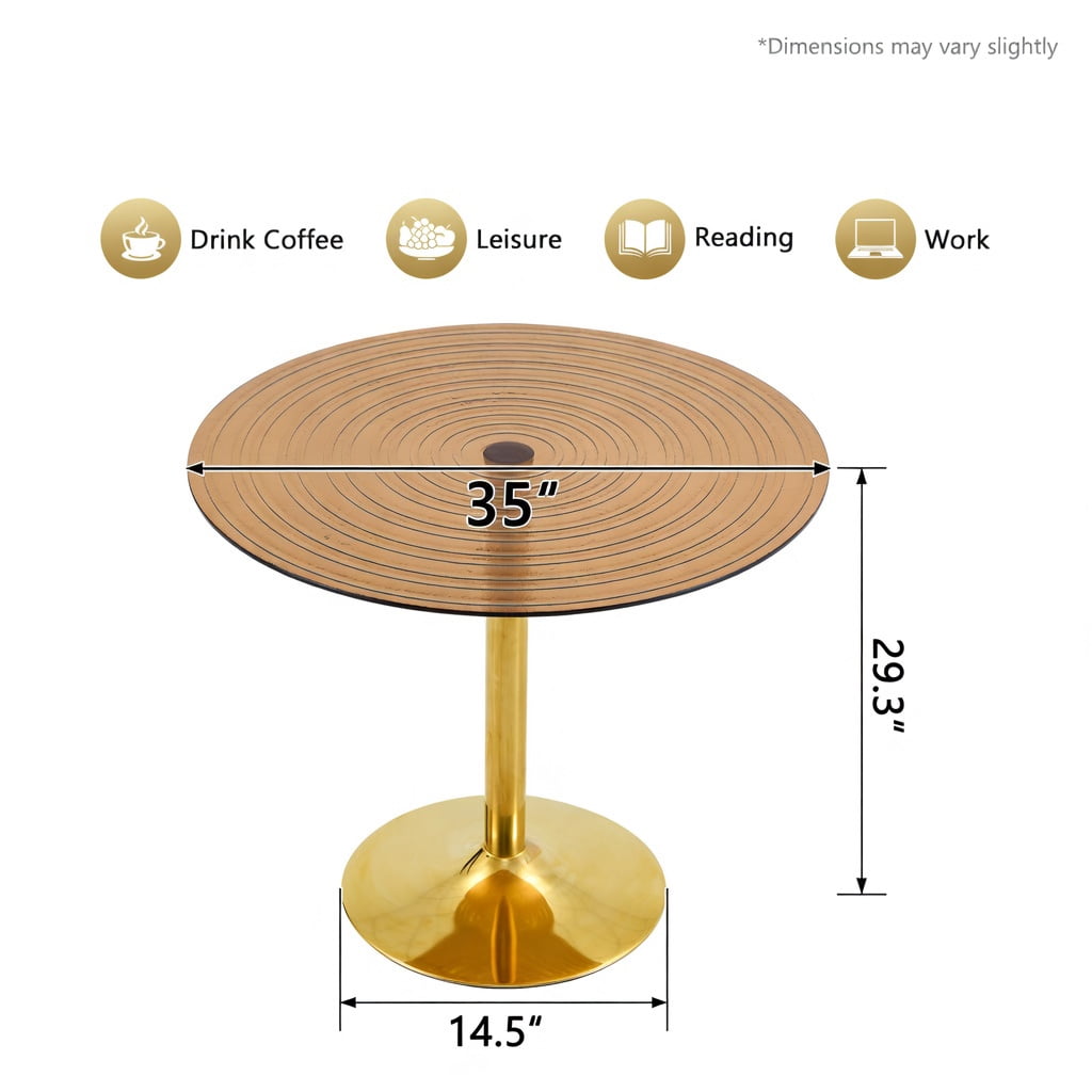 Hommoo 35 Inch Round Glass Dining Table with Metal Base, Light Luxury Brown Ring Top Coffee Table for Small Spaces (2-4 People), Gold