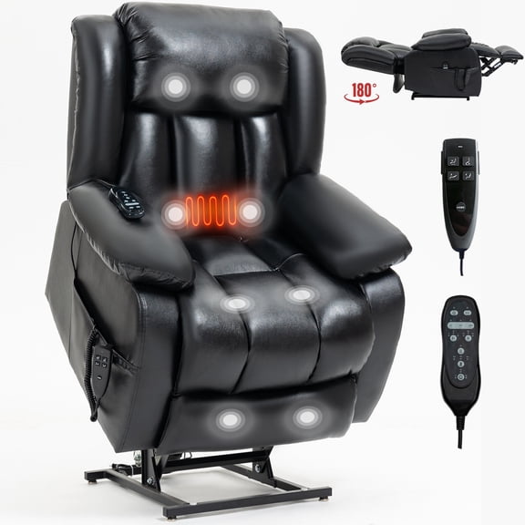 Living Room Recliners, Dual Motor Infinite Position Up to 350 LBS Electric Medium size Genuine Leather Black Power Lift Recliner Chair with 8-Point Vibration Massage and Lumbar Heating