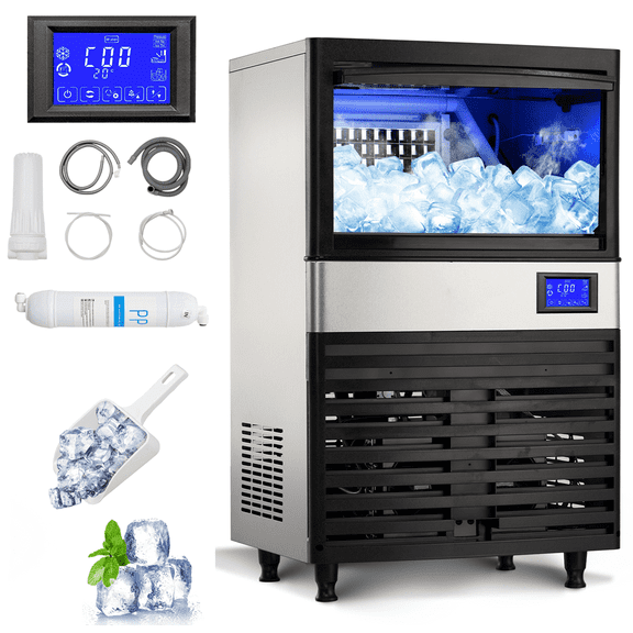 COZONY Commercial Ice Maker Machine with 27lbs Storage Bin,Creates 110lbs/24h,Ice Machine with Ice Scoop,Electric Water Drain Pump & Water Filter,Freestanding Ice Machine for Home/Restaurants/Bars