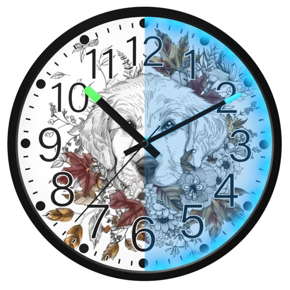 Ryvnso Puppy Dog Leaf 12 Inch Night Light Wall Clock Silent Battery Operated Luminous Clocks