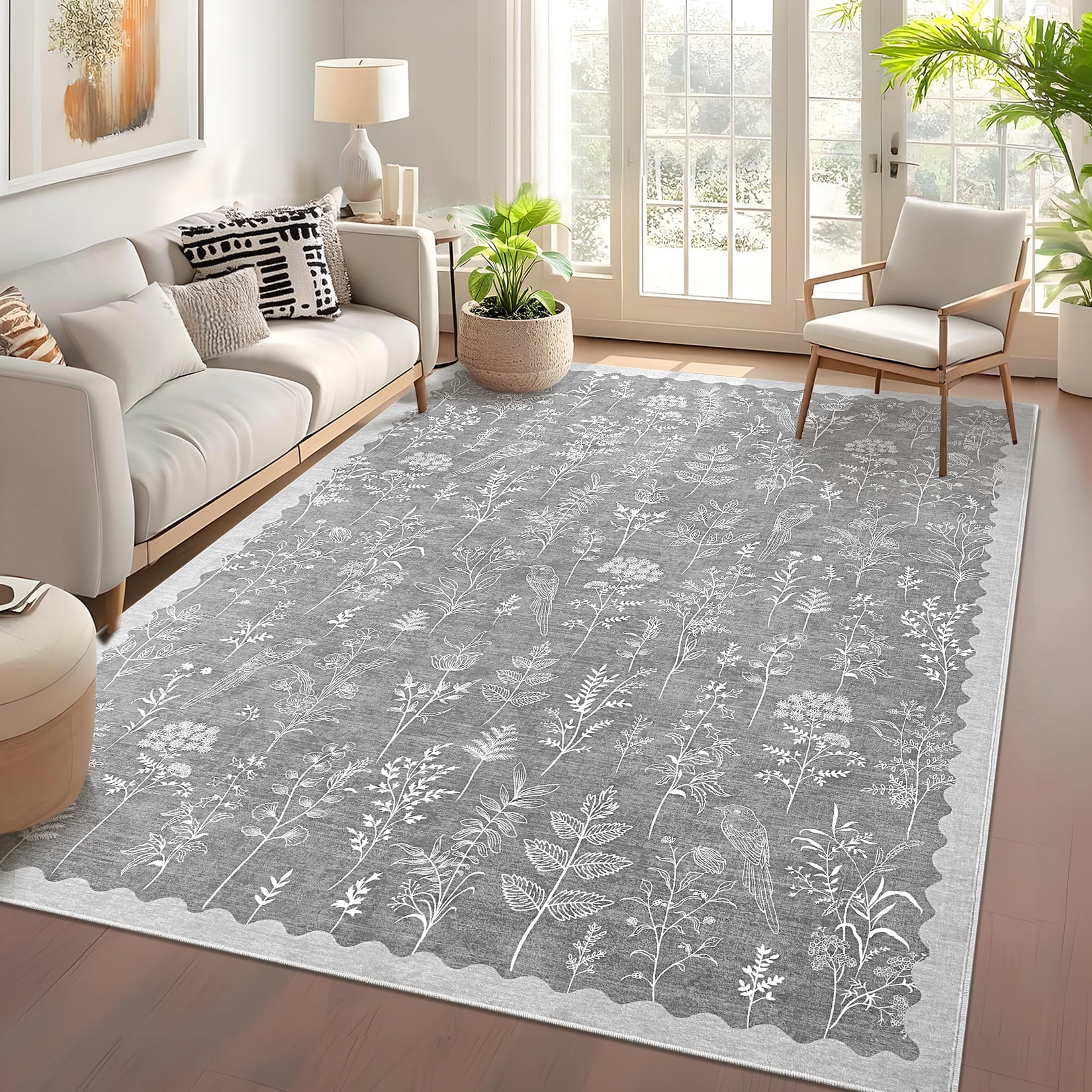 FairOnly Light Grey 8'x10'Low Pile Mordern Flower Printed Area Rug for Bedroom Kid's Room Non Slip Ultra Thin & Soft Rugs for Kitchen