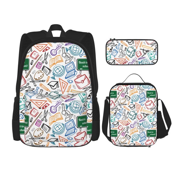 Easygdp Back To School Mochila para Niños y Niñas con Set de Caja de Almuerzo y Estuche para Lápices 3 en 1, Mochila Escolar Estampada para Adolescentes