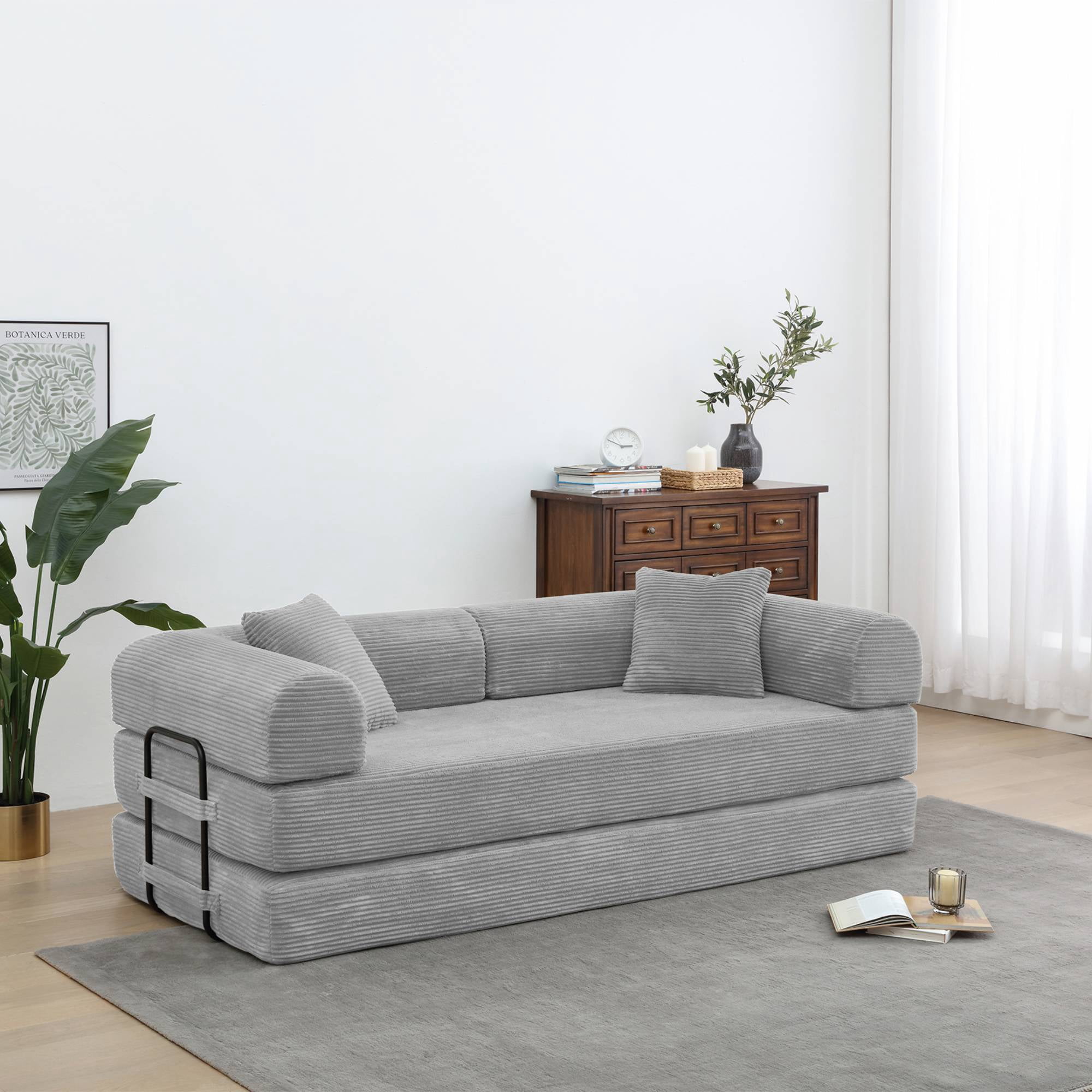 Convertible Sleeper Sofa Bed with Pillow, Corduroy Folding Mattress Floor Sofa Lounge Couch for Living Room, Bedroom, Light Grey