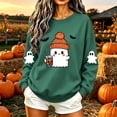 thumbnail image 4 of Women's Cute Ghost Halloween Sweatshirts Knit Beanie Graphic Crewneck Pullover Tops Long Sleeve Fall Shirts with Sleeve Prints Spooky Season Casual Clothing, 4 of 6
