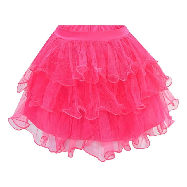 Jupe Tutu de Danse de Carnaval pour Filles Jupe de Fête Évasée en Couches pour Enfants Tourbillonnant avec Ceinture en Satin Tenue de Récital Rose Vif 12-13 Ans