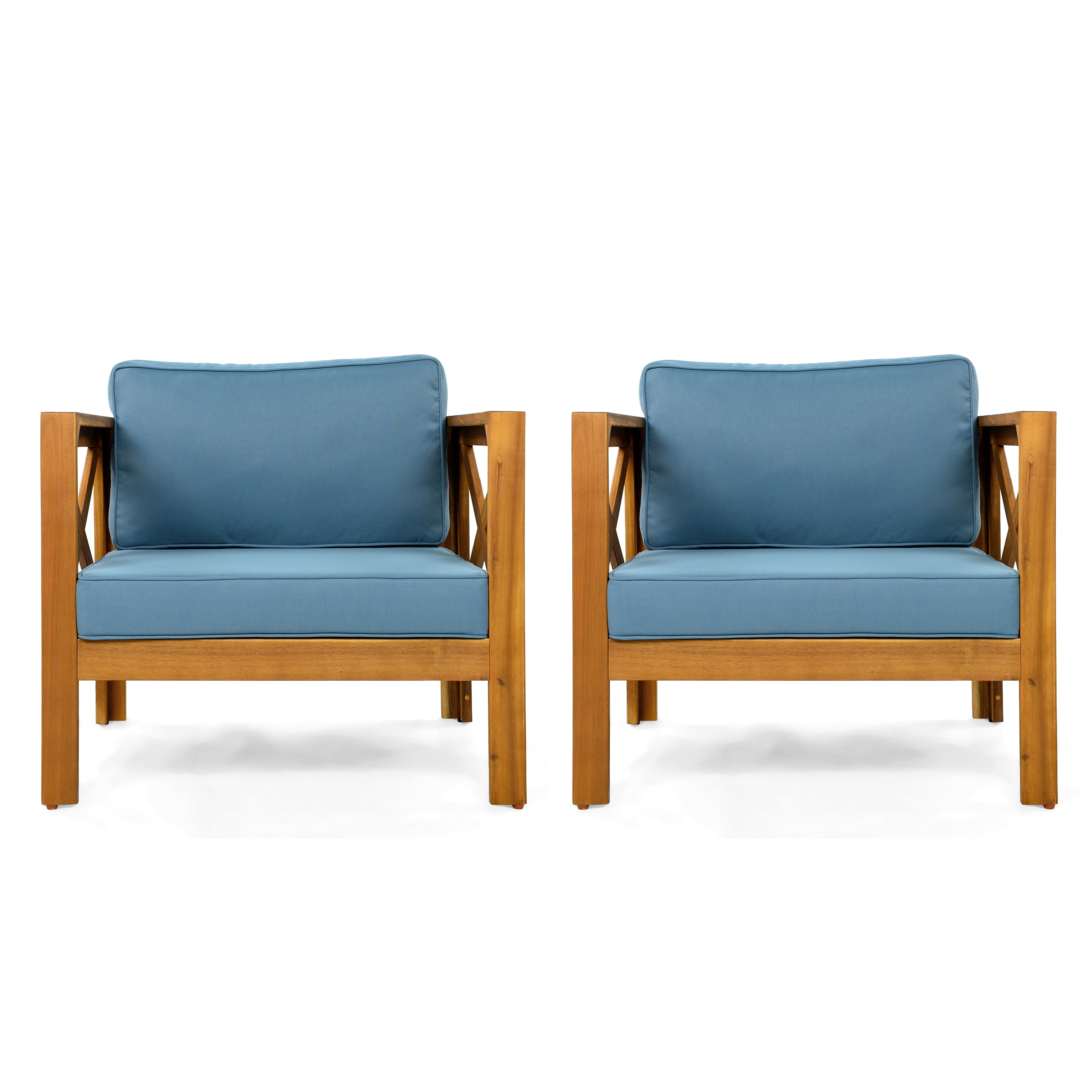 Wooden Armchair Set of 2, Outdoor Acacia Wood Club Chair with Cushions for Patio Garden, Teak and Blue