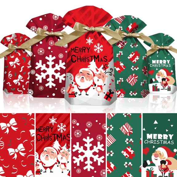 ZRXARU 50 Pack Christmas Treat Bags, 6”x9” Christmas Candy Bags with Drawstring, Cookie Bags Candy Goodies Gift Bags for Christmas Party Favor Wrapping Supplies