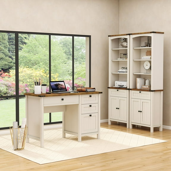 FIAKOA 3 PC Home Office Desk Set, Executive Office Desk Set with Charging Station & Bookshelf Set , White