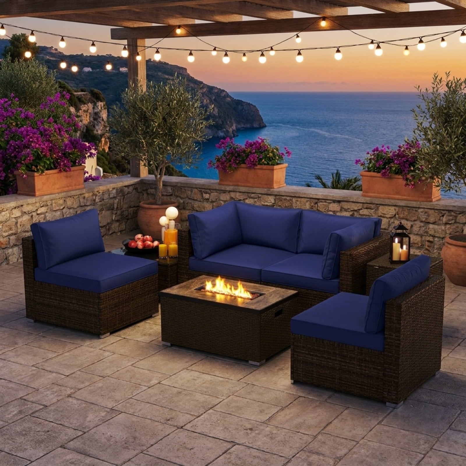 Biotree Patio Furniture Set 7 Piece Outdoor Sectional with 32 Inch Fire Pit Table and propane tank cover outdoor conversation set for garden backyard porch, Navy