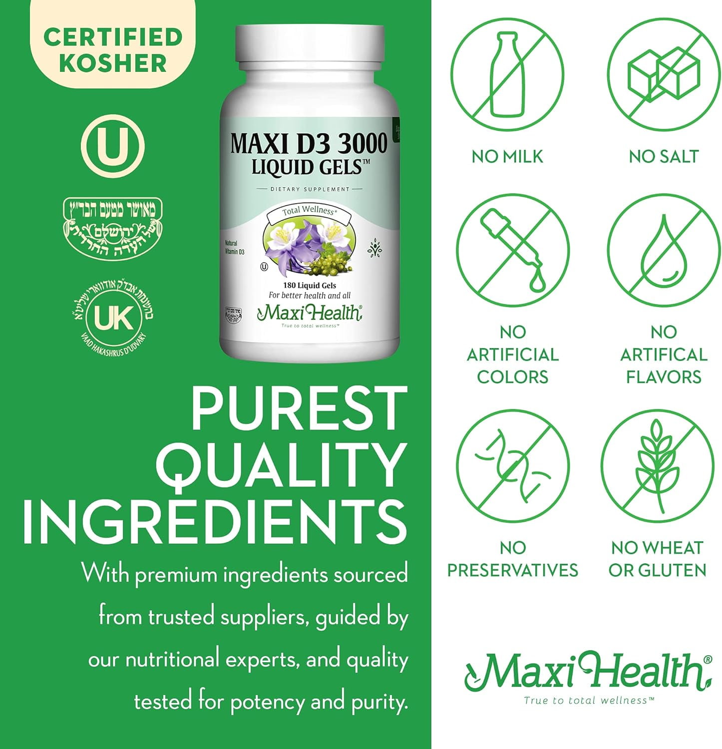 Maxi Health Vitamin D3 3000 IU Softgels – Immune & Bone Support – High Absorption – 180 Count