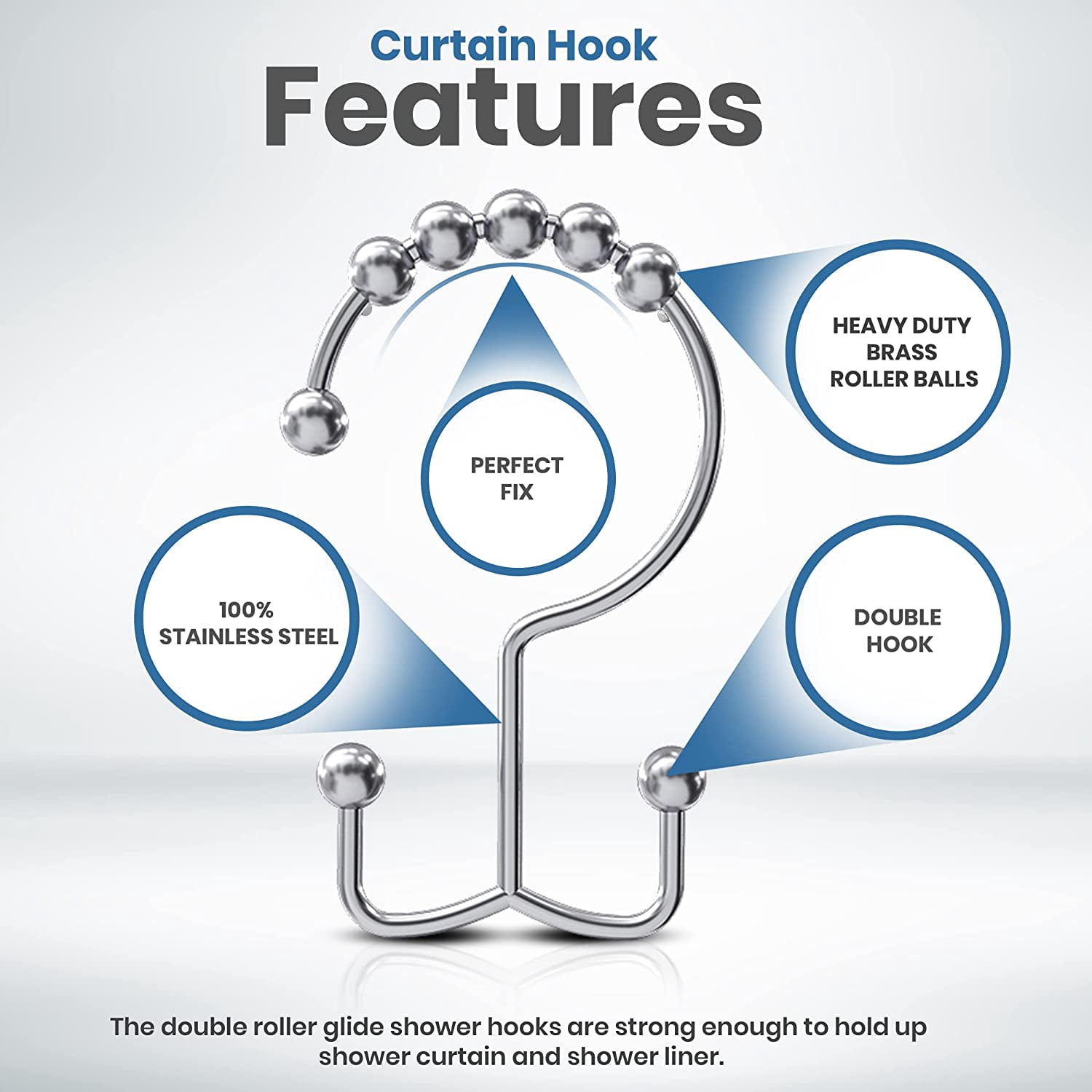 Double Glide Roller Shower Curtain Hooks, Double Sided Rings, Rust Proof Shower Curtain Hooks, Chrome