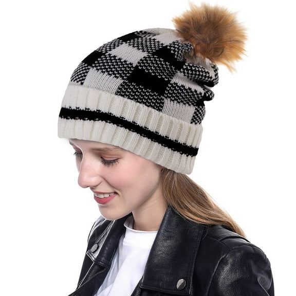 Holloyiver Womens Winter Knitted Beanie Hat Faux-Fur Pom Fleece Lined Warm Beanie