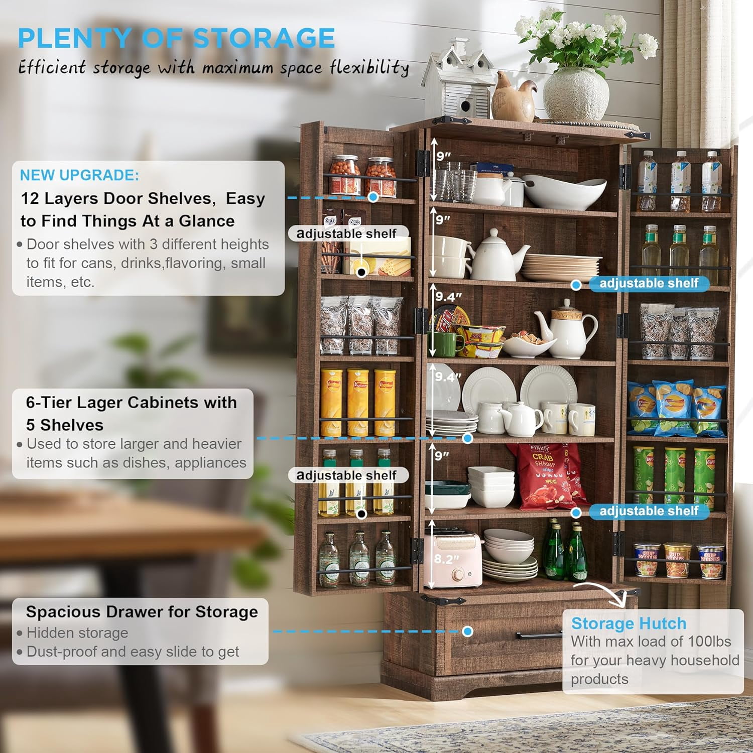 ACCOHOHO 72" Tall Kitchen Pantry Cabinet, Farmhouse Wood Storage Cabinet with Doors, Adjusting Shelves and Organizer, Cupboard for Kitchen, Dining Room, Bathroom, Brown