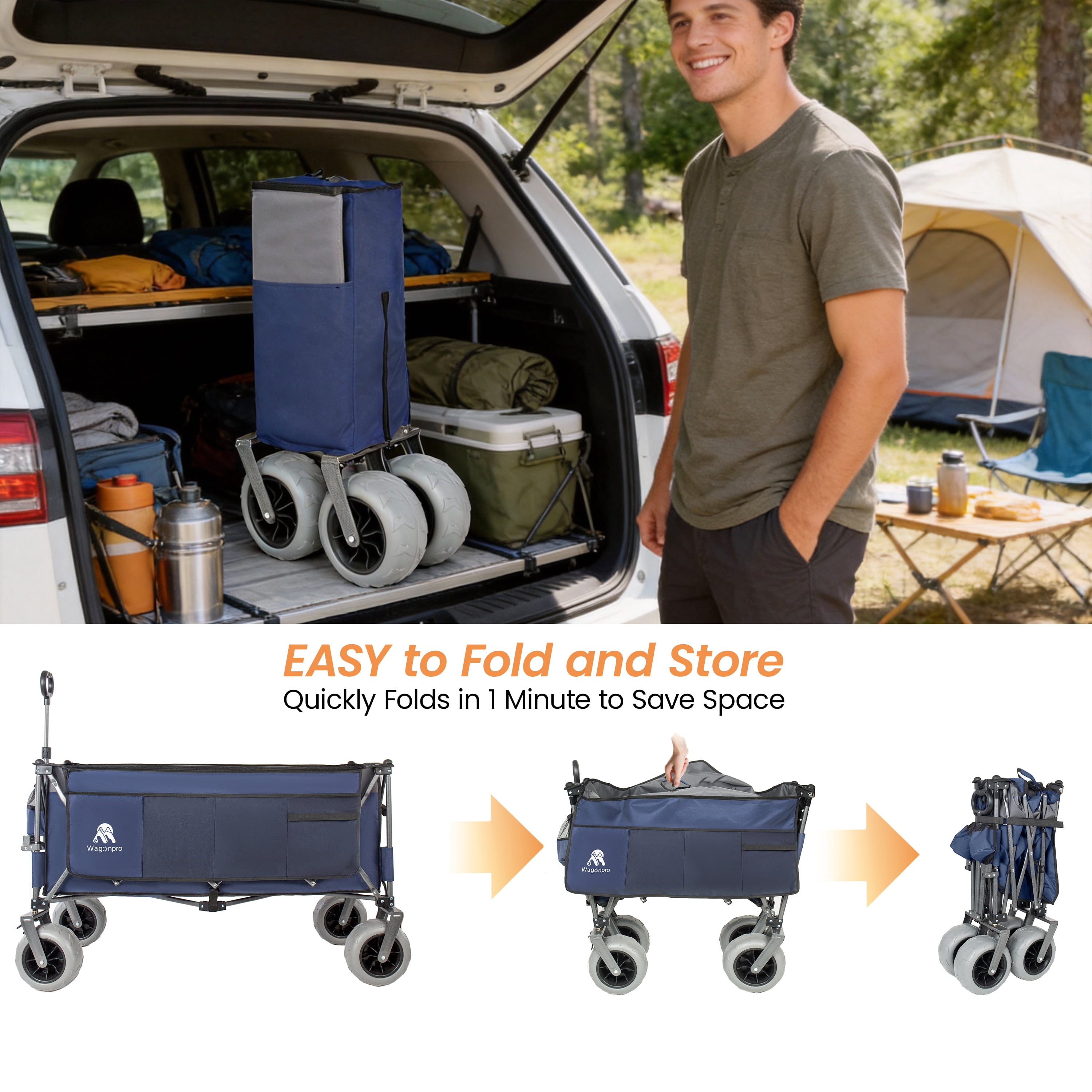 52-inch Extended Foldable Utility Wagon, Dark Blue & Gray, 560lbs Heavy-Duty Wagon with Patented Frame, 1:6 Fold Design, 9"×4" All-Terrain Wheels with Brakes for Outdoor Use