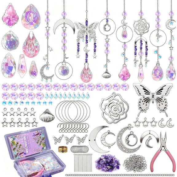 DIY Suncatcher Kit,400 Pcs Crystal Sun Catchers Making Supplies W/Hanging Prism, Arts and Crafts for Adults Rainbow Maker for Window Home Garden Decor(Purple)