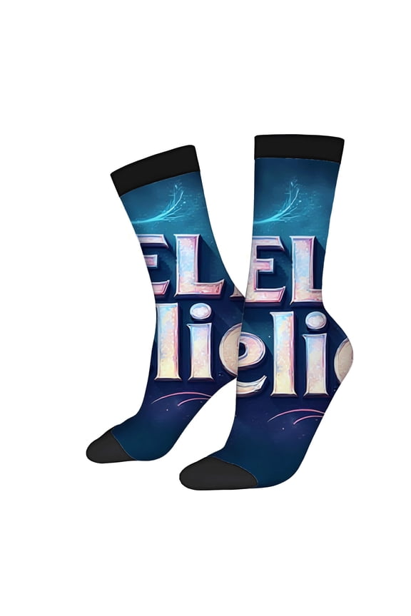 Unisex Trendy Cosmic Socks (2 Pairs) - Vibrant Moon & ' HELLO ' Design Glittery Metallic Letters Perfect for All Seasons