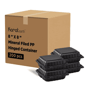 Karat Earth 8" x 8" Mineral Filled PP Hinged Container, 3 compartment - Black - 200 pcs