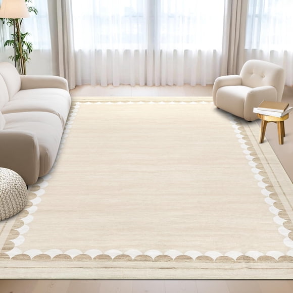 Washable Area Rug 5x7ft – Soft Non-Slip Low Pile Carpet with Modern Border Design, Neutral Beige – Stain-Resistant Rug for Living Room, Bedroom and Dining Room