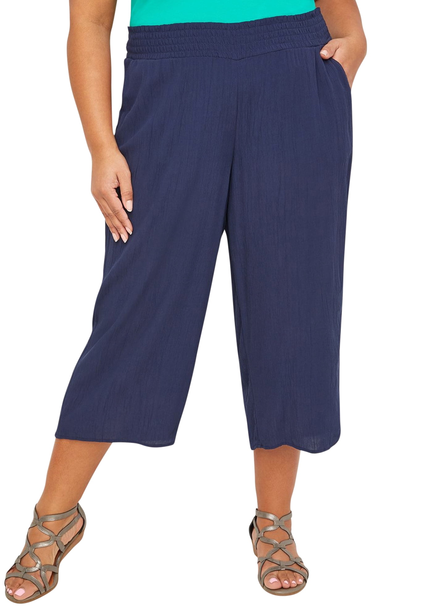 Catherines Women's Plus Size Gauze PullOn Capri 1X, Mariner Navy Blue (1495)