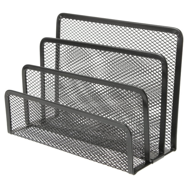 Organizador de escritorio con 4 compartimentos y malla metálica para archivadores y revistas, ideal para el hogar y la oficina (negro)
