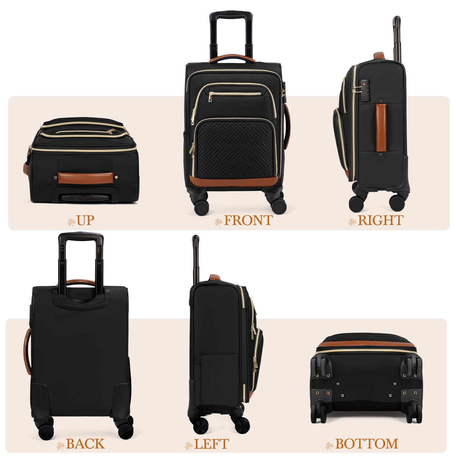 RAINSMORE 3 Piece Carry on Luggage Set with Backpack 20 Inch Softside Suitcases with Wheels Rolling Carry On Suitcase with TSA Lock for Travel Weekender,Black