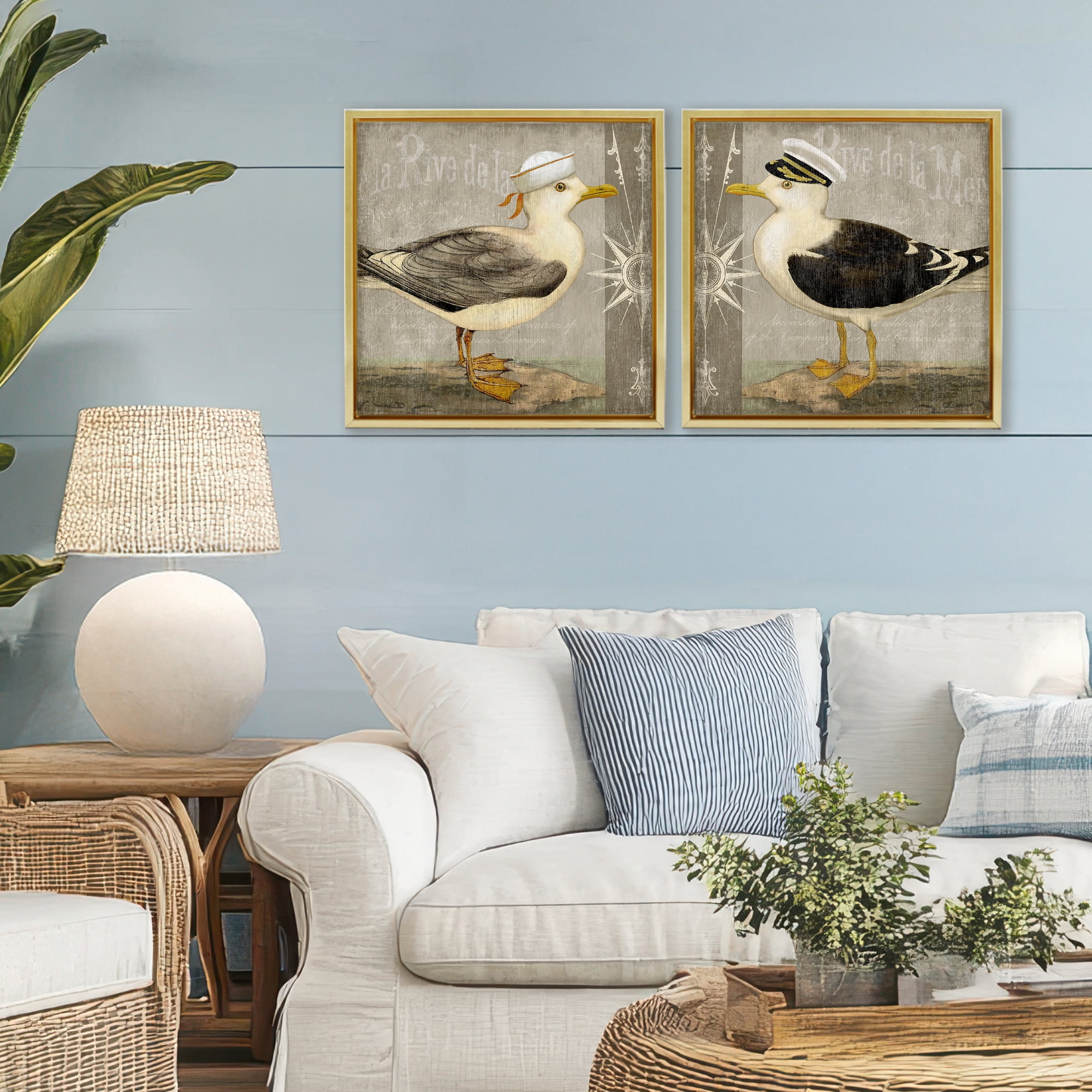 Stupell Industries Little Seagulls with Hats 2 Piece Gold Framed Floater Canvas Set, design by Suzanne Nicoll